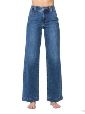 High-Waist Wide Leg Jeans w/ Double Button Waistband - Trouser Pockets